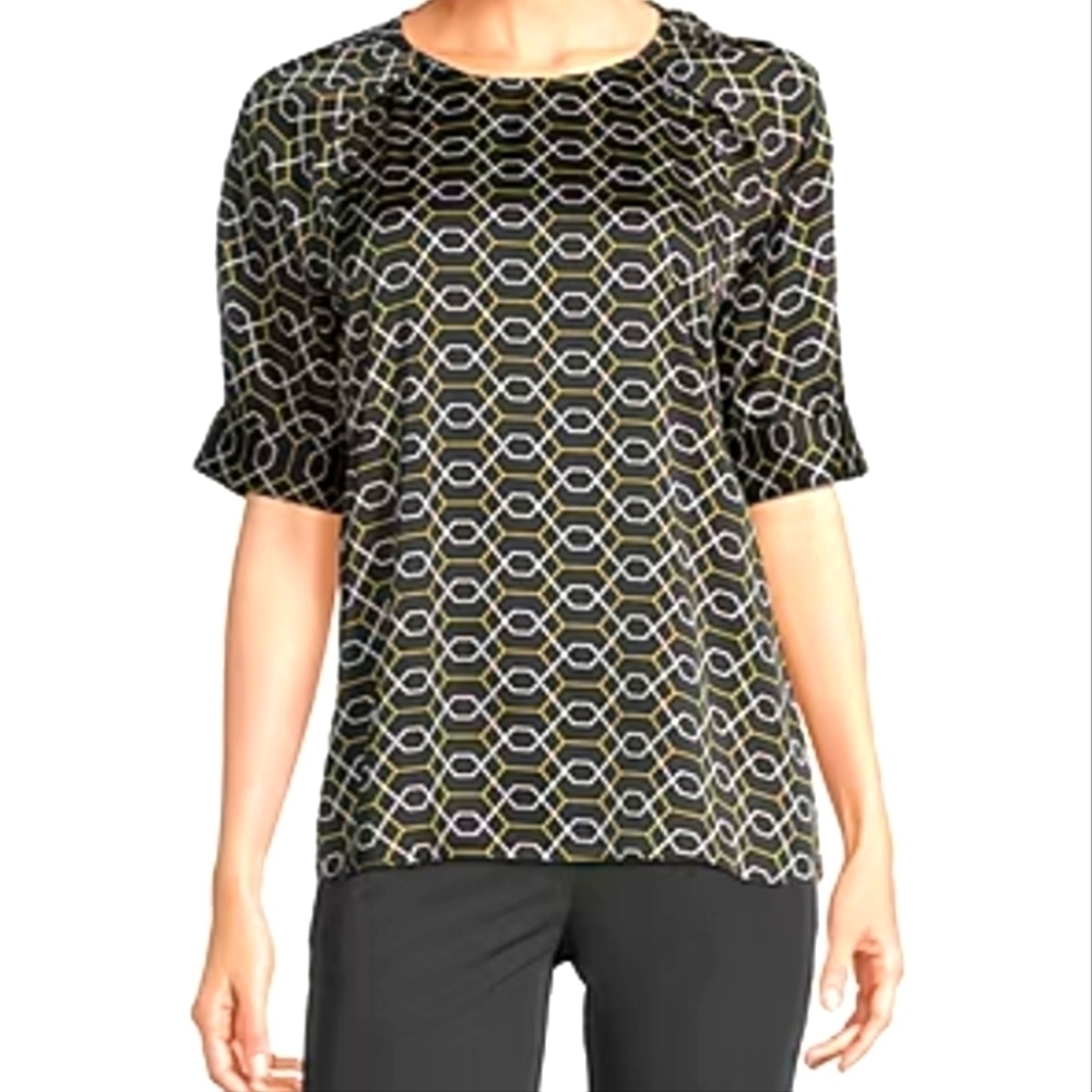 Worthington Geometric Satin Puff Sleeve Blouse Black Yellow XXL